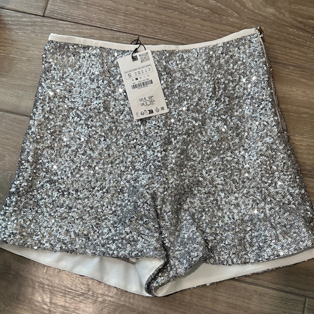 Zara Silver Sequin High Waist Shorts